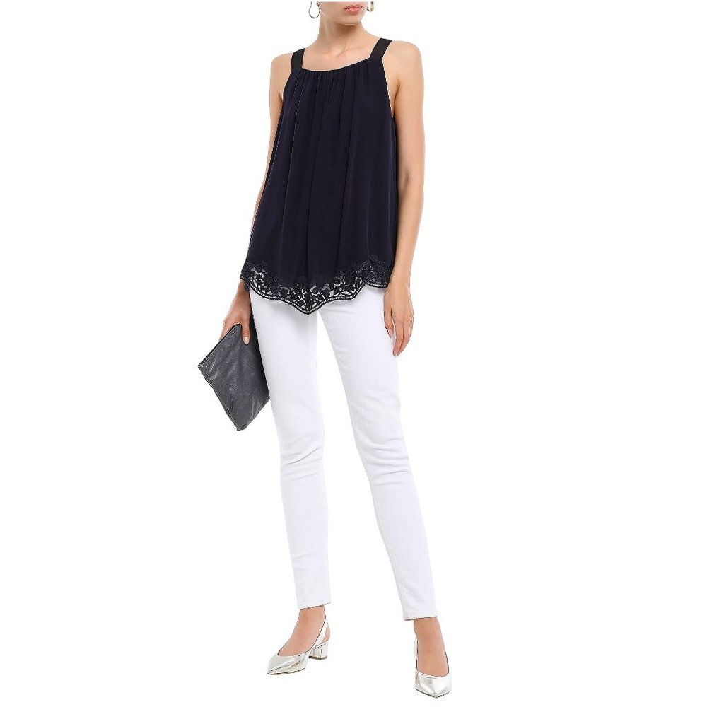 NEW Kate Spade Embroidered Trim Silk Top, Rich Navy, Small, Sleeveless, Lined - Picture 3 of 15